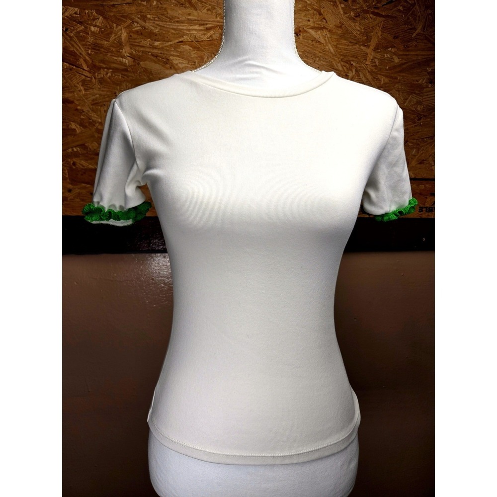 Zara Womens Ribbed Knit T-Shirt Off-White Green Crochet Ruffle Trim Small‎ 1897